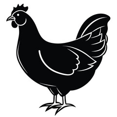 The monochrome chicken stands isolated, featuring a detailed comb and feathered tail silhouette