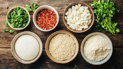 Various spices, herbs, grains, and flour are arranged in ceramic bowls on a rustic wooden surface.