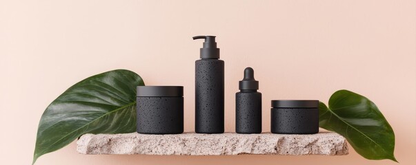 Minimalist black skincare bottles and jars arranged on a textured stone slab with green leaves on a soft pink background.