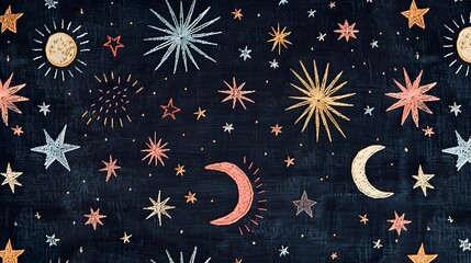 A symmetrical embroidery pattern featuring stars and moons in pastel colors on a navy fabric.