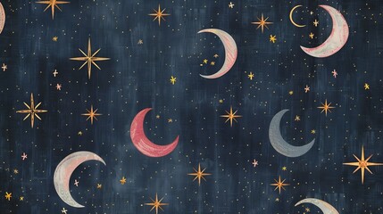 A symmetrical embroidery pattern featuring stars and moons in pastel colors on a navy fabric.