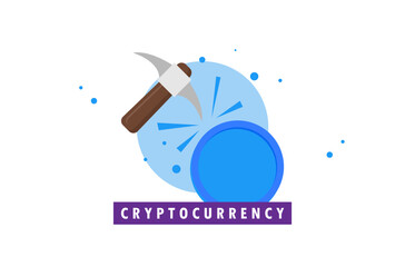 Bitcoin mining concept with pickaxe and coin flat vector