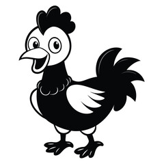 A black and white cartoon rooster is smiling with its mouth open cheerfully