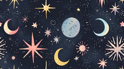 A symmetrical embroidery pattern featuring stars and moons in pastel colors on a navy fabric.