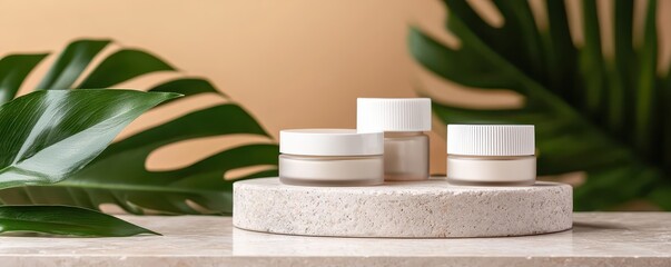 Three white cosmetic containers on a round stone platform, set against a backdrop of large green tropical leaves and a warm beige background.
