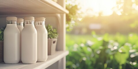 Four glass bottles filled with milk sit on a wooden shelf, bathed in warm sunlight with a blurred green garden in the background.