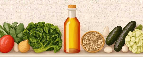 A collection of fresh vegetables, seeds, and a bottle of oil arranged neatly on a wooden surface with a speckled white background.