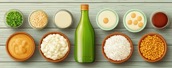 Various vegan protein sources including peas, beans, soy milk, tofu, peanut butter, cottage cheese, rice, and lentils arranged in bowls and a bottle.
