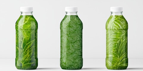 Three clear plastic bottles filled with water and wrapped in various green leaf patterns on a white background.