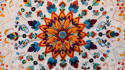A symmetrical pattern of mandala embroidery with vibrant and contrasting colors on a white fabric background.