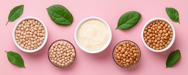 Bowls of soybeans and soy yogurt surrounded by green leaves on a pink background.