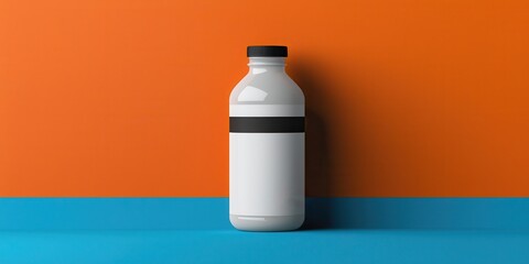 A white plastic bottle with a black cap and label sits against an orange and blue background, casting a shadow to the right.