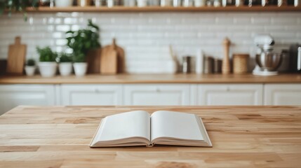 Open book on a wooden kitchen countertop with potted herbs and kitchen utensils in the background.