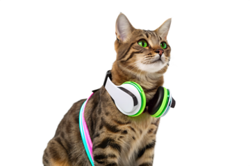 A tabby cat with green eyes wearing white and green headphones looking up on a black background