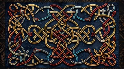 A traditional Celtic knot embroidery pattern with intricate details and rich colors on a dark fabric background.