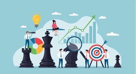 Flat Design Business Strategy Concept with Chess Pieces and Teamwork Elements
