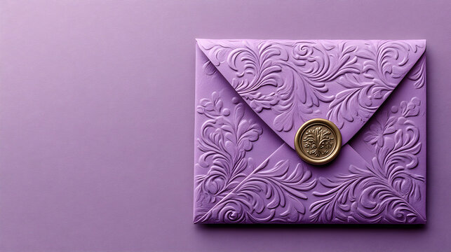 A embossed purple envelope with a golden wax seal on a textured background with copy space. This luxury flat lay is ideal for invitations, congratulations, wedding or ceremony announcements.