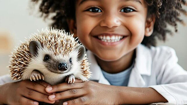 Joyful child cuddling pet hedgehog with heartwarming smiles and interaction