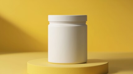 A plain white cylindrical container with a lid is placed on a round yellow platform against a matching yellow background.