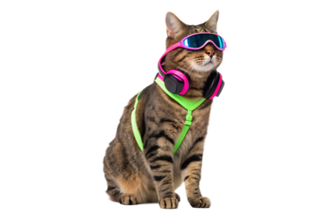 Tabby cat wearing pink headphones and sunglasses with a green harness sitting on a black background
