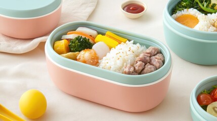 A pastel pink and blue lunchbox filled with rice, meat, vegetables, and a small dish of sauce on a soft beige background.