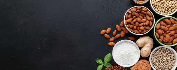 Various nuts, flour, and spices arranged in bowls on a dark surface, with some loose almonds and fresh basil leaves.