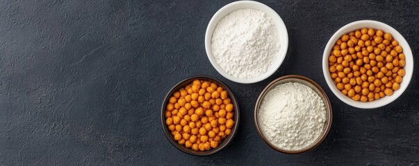 Four bowls containing flour and roasted chickpeas arranged on a dark textured surface.