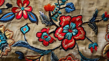 A traditional embroidery design with intricate details and vibrant colors on a rustic linen background.