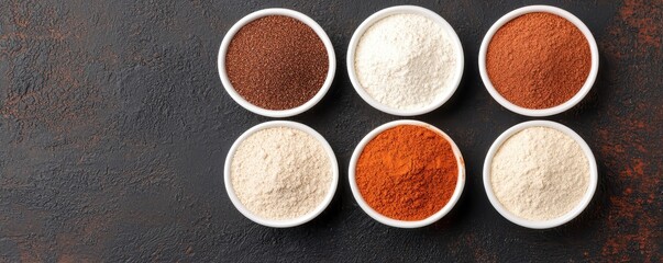 Six bowls filled with various colorful spices and powders displayed on a dark textured surface.