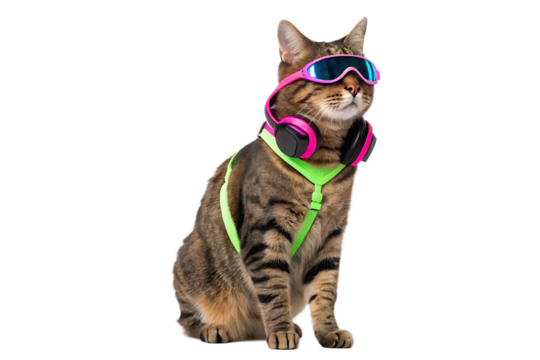 Tabby cat wearing pink headphones and sunglasses with a green harness sitting on a black background