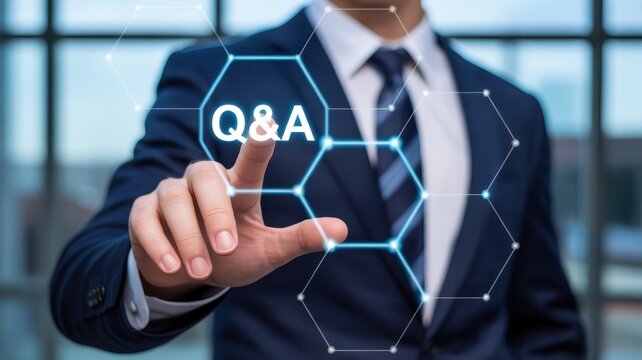 Businessman's hand pointing at a Q&A interface.