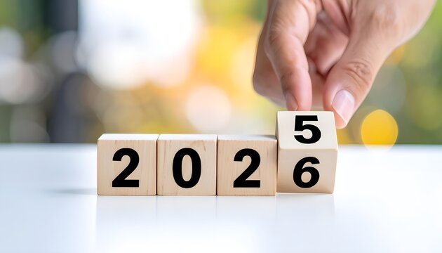 _Hand flipping wooden block cube to change from 2025 to 2026 trends for business , fas.
