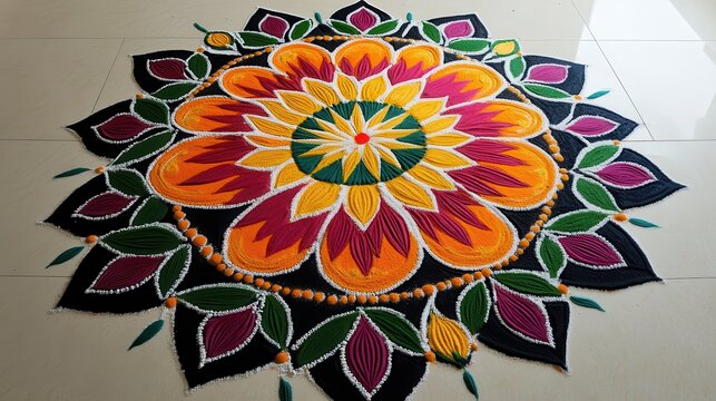 Overhead view of a colorful floral rangoli design on a tiled floor, intricate and vibrant art form