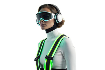 Woman wearing futuristic goggles and headphones with glowing accents against a black background