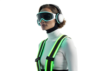 Woman wearing futuristic goggles and headphones with glowing accents against a black background