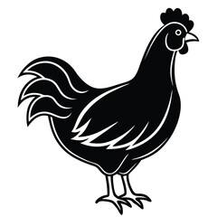 A monochrome chicken illustration stands attentively, displaying its simple but bold design against a white background