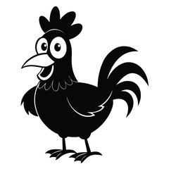 Cheerful cartoon chicken displays bold and simple black silhouette against a clear background
