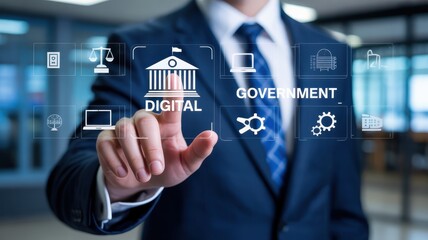 Digital government interface displayed on a transparent screen.