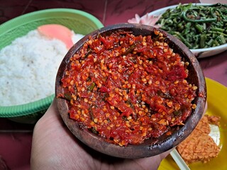 Traditional Indonesian Sambal with Rice and Side Dishes