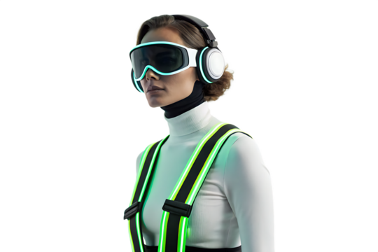 Woman wearing futuristic goggles and headphones with glowing accents against a black background