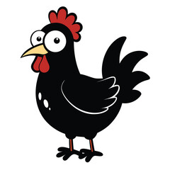 The black chicken cartoon stands smiling with its big eyes and red comb and wattle