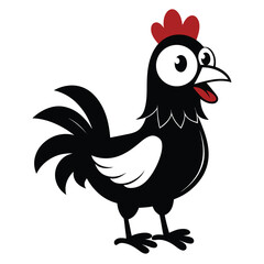 A cartoonish black chicken with a bright red comb looks cheerful and animated