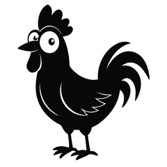 Cartoon rooster stands confidently, its silhouette showing feathery details in black and white