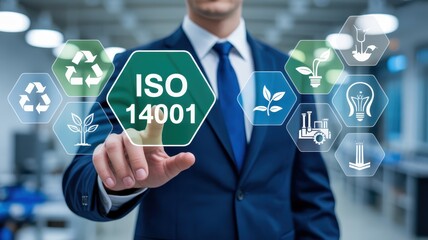 Businessperson interacting with iso 14001 sustainability icons.