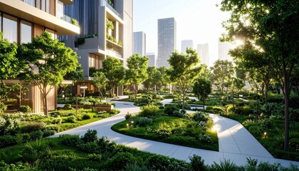 Serene Urban Oasis Modern Apartment Building Green Landscape.