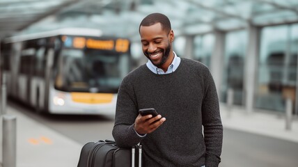 A young man with a backpack smiles while checking his phone at a transportation terminal, capturing a moment of joy and connection during his travels.