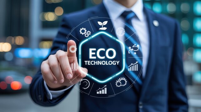 Person interacting with a holographic display showing eco technology.