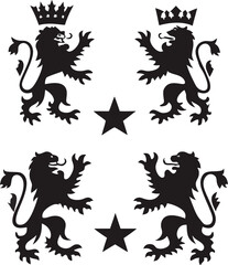 Naklejka premium Heraldic lions with crowns and stars in a symmetrical arrangement for decorative designs and emblematic applications