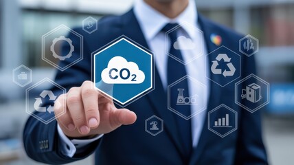 Person interacting with a digital interface displaying co2 emissions and sustainability concepts.