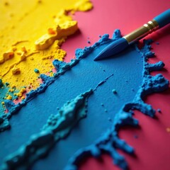 Artist's paintbrush mid-stroke on vibrant backdrop, visual arts, abstract